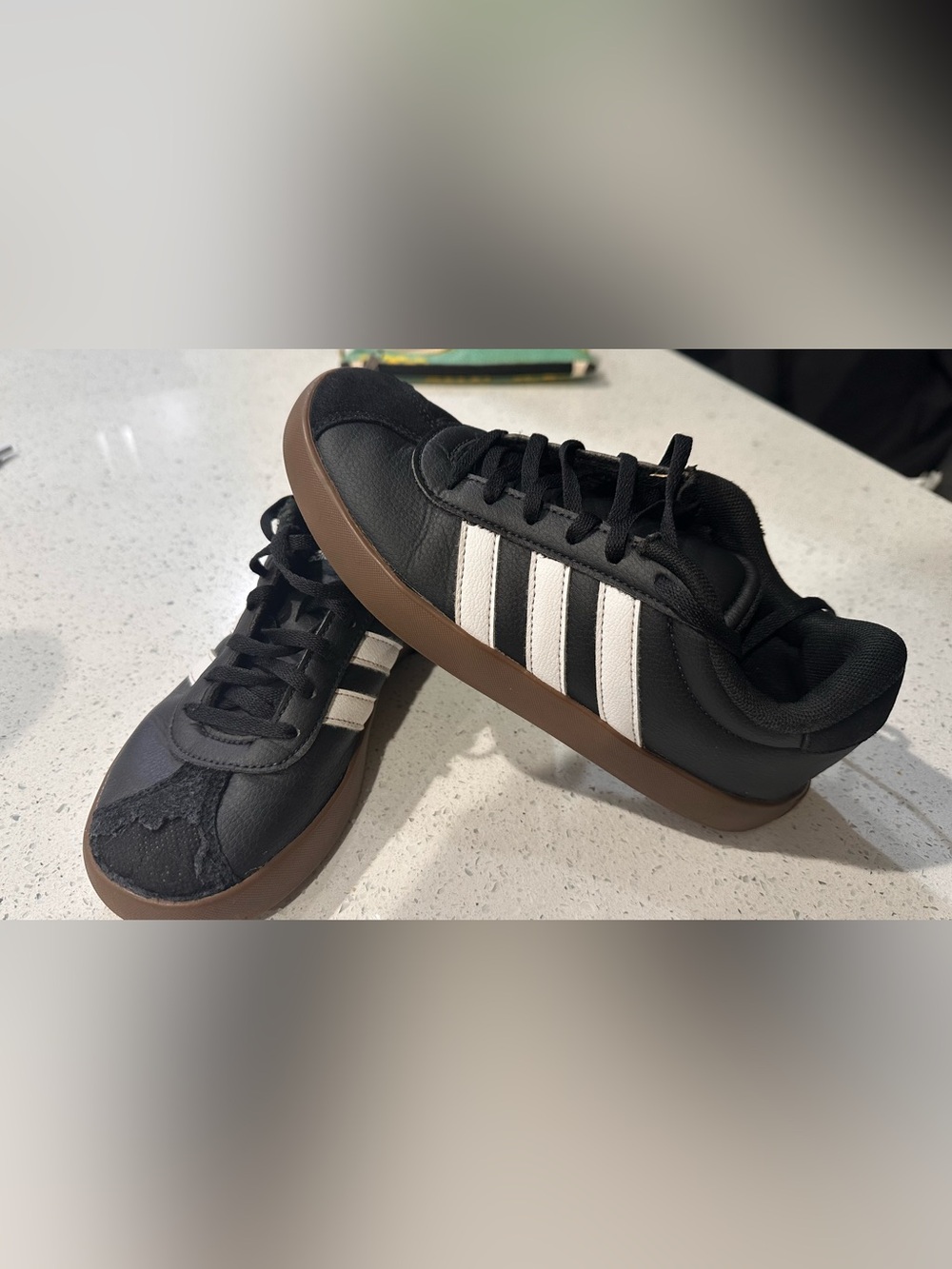 adidas Black Sneakers with White Stripes and Brown Gum Sole